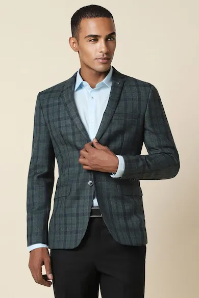 Men Green Slim Fit Check Formal Blazer